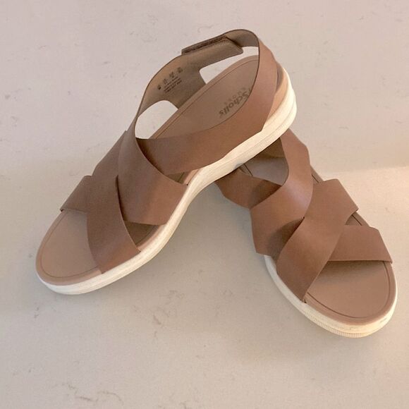 Dr. Scholl’s Faux Leather Tan Strappy Time Off Sea Velcro Closure Sandals 9M - Picture 1 of 8